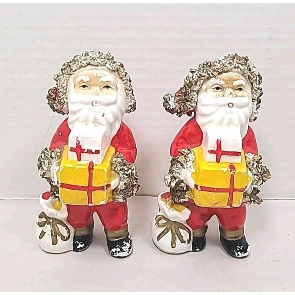 2 Vintage Ceramic Spaghetti Santa Claus 4.5" Tall Christmas Figurines